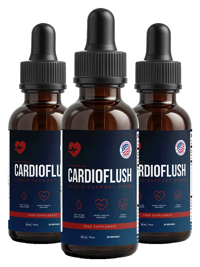 Three amber glass dropper bottles of CardioFlush Cardio Support Drops