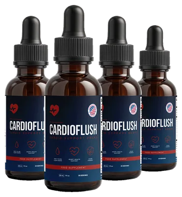 Four amber glass dropper bottles of CardioFlush